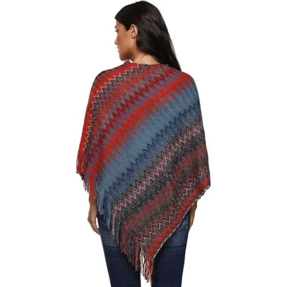 Women's Zig-Zag Knit Tassel Fringed Pullover Poncho Sweater Cape Shawl Wrap - Picture 2 of 7